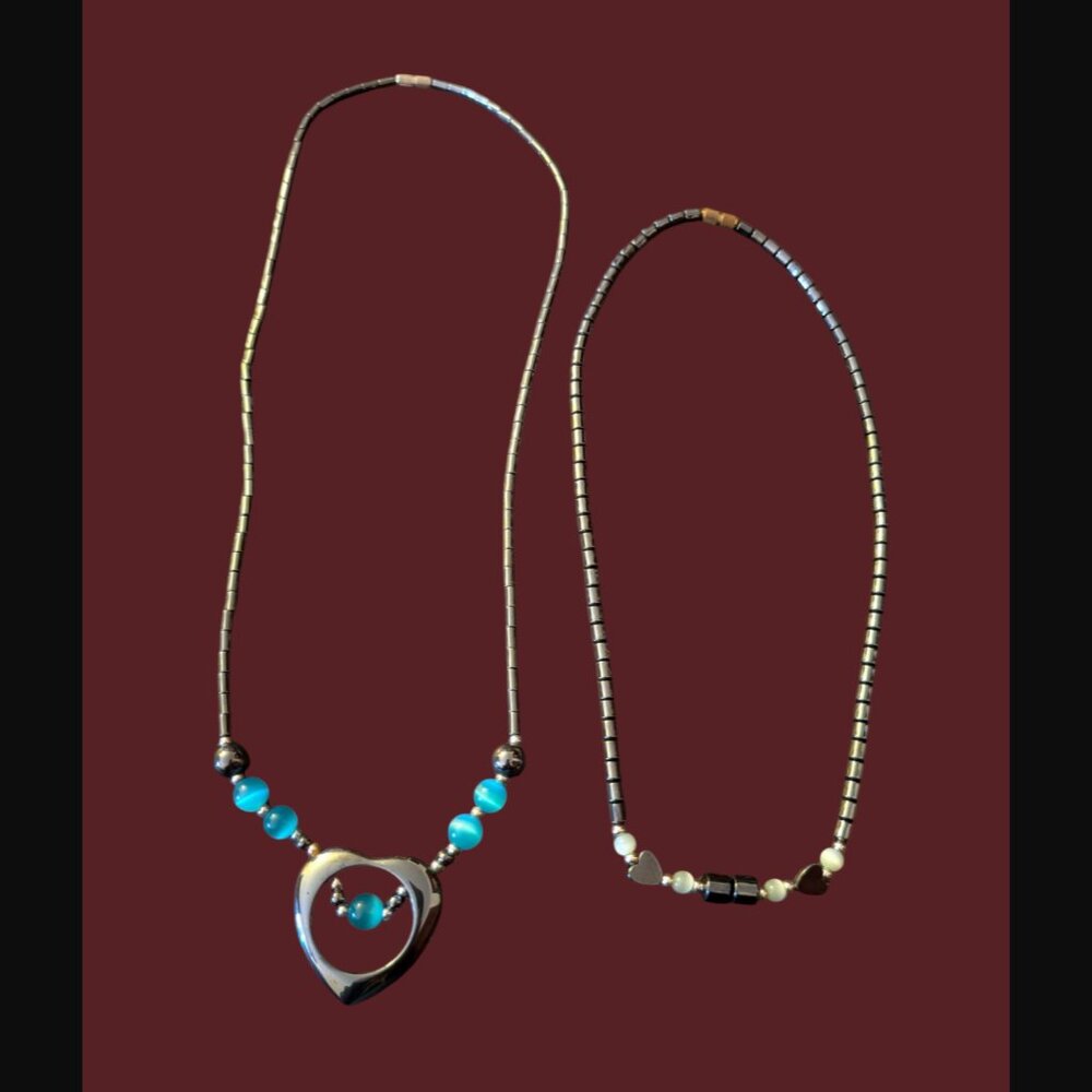 Vintage Hematite And Cats Eye Lot Of 2 Statement Necklace 22.5" And 18.25"